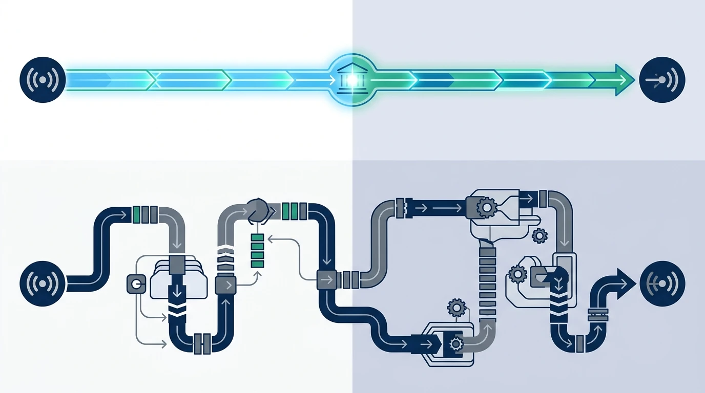 Comparative illustration contrasting direct single-hop local clearing networks against multi-hop correspondent SWIFT transit routing
